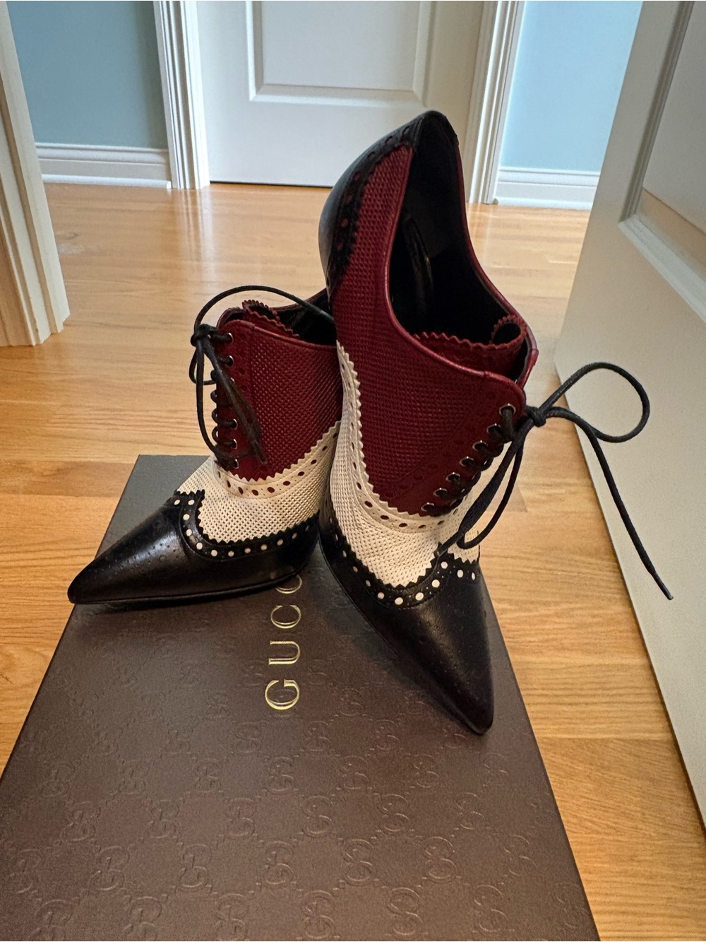 Gucci Burgundy White Black Lace-Up Spectator Booties Size 37